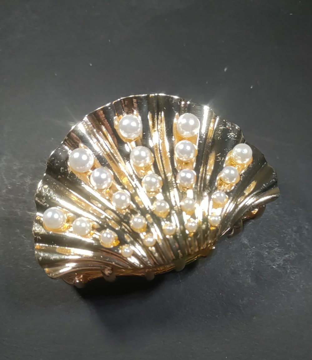 Oyster Shell Faux Pearl Hair Barrette Tension Clip Gold Tone White